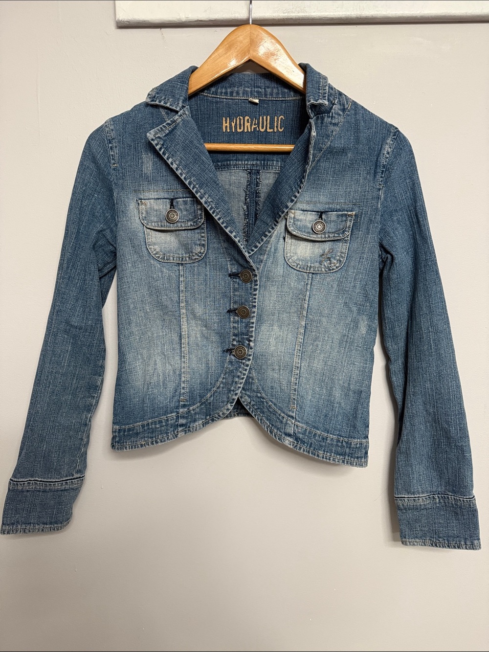 Y2K Vintage Hydraulic Blue Faded Fitted Denim Jacket